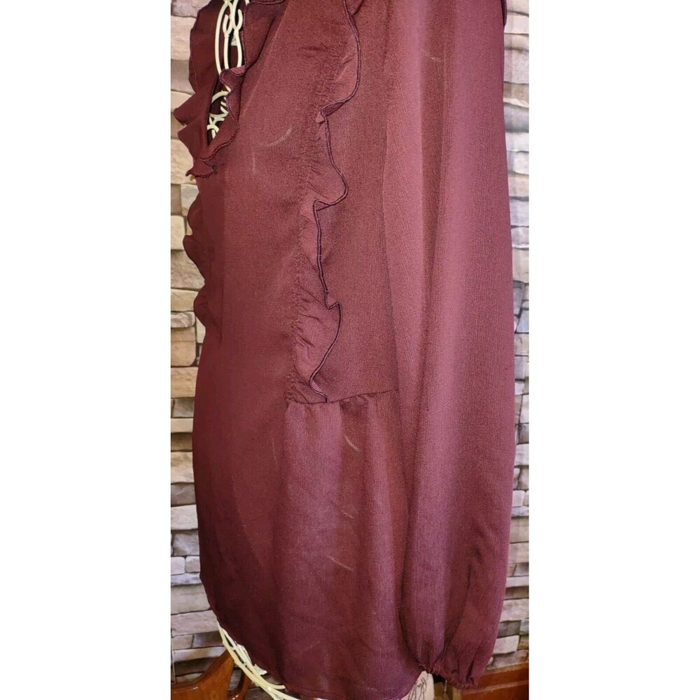 Sz Med Ann Taylor Loft Burgundy Top Blouse Ruffled LS Babydoll - Picture 5 of 6